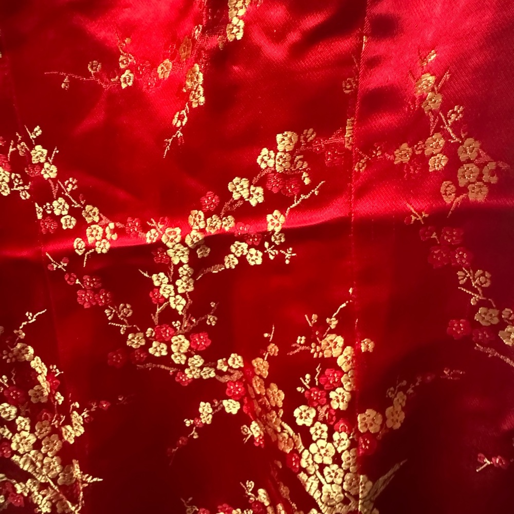 Vintage Red Authentic High Neck Button Up Qipao Floral Side Slit Chinese Gold - Picture 3 of 5